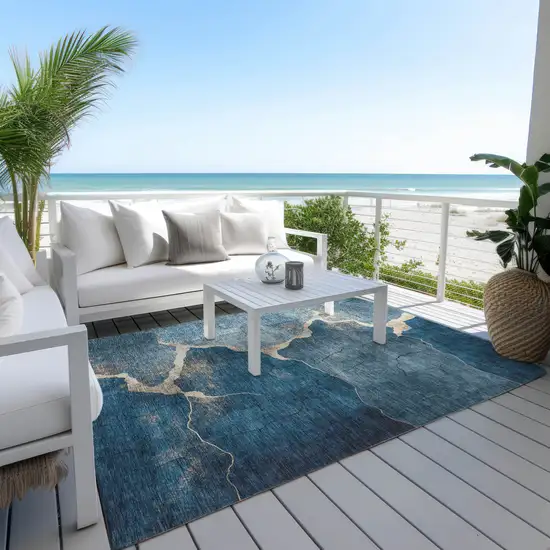 Navy Blue And Beige Abstract Washable Indoor Outdoor Area Rug Photo 4