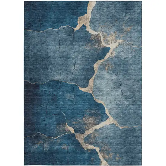 Navy Blue And Beige Abstract Washable Indoor Outdoor Area Rug Photo 8