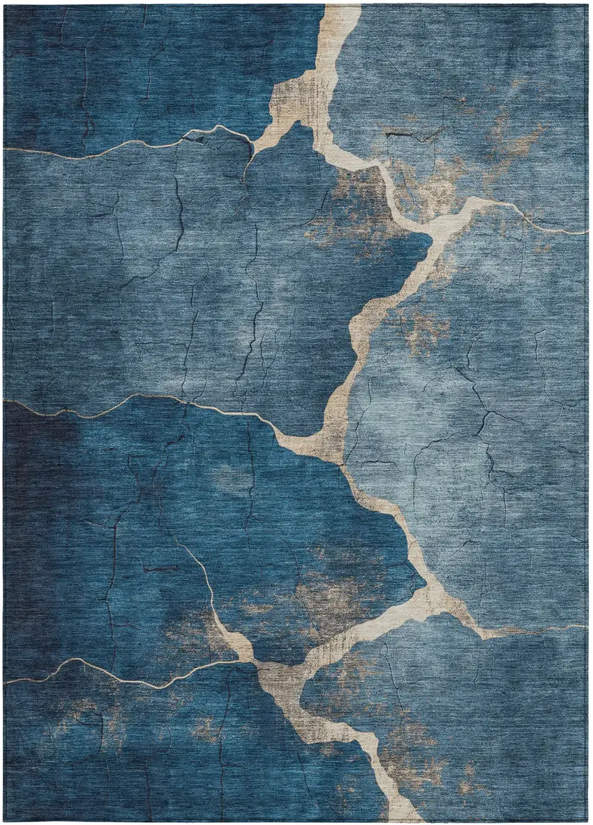 Navy Blue And Beige Abstract Washable Indoor Outdoor Area Rug Photo 8