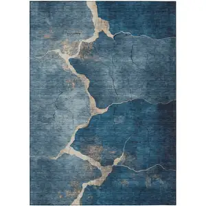 Photo of Navy Blue And Beige Abstract Washable Indoor Outdoor Area Rug