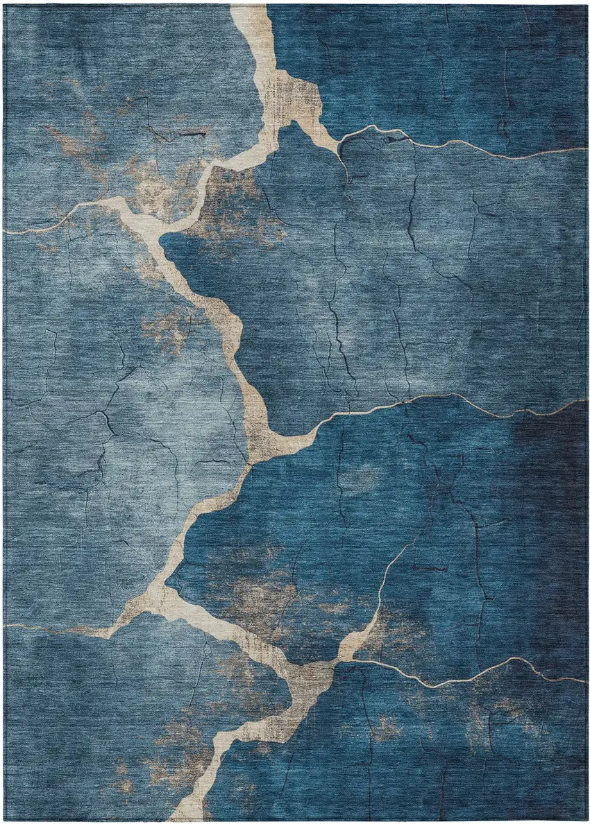 Navy Blue And Beige Abstract Washable Indoor Outdoor Area Rug Photo 1