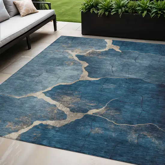 Navy Blue And Beige Abstract Washable Indoor Outdoor Area Rug Photo 2