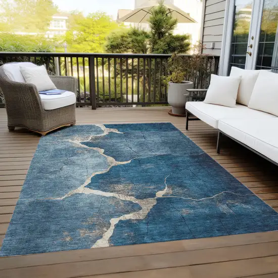 Navy Blue And Beige Abstract Washable Indoor Outdoor Area Rug Photo 7