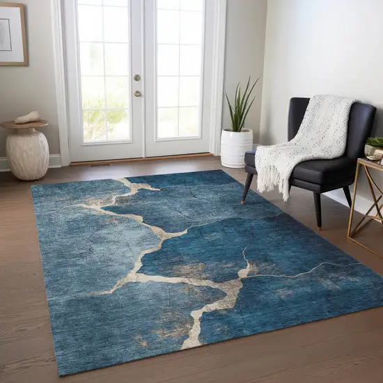 Navy Blue And Beige Abstract Washable Indoor Outdoor Area Rug Photo 6