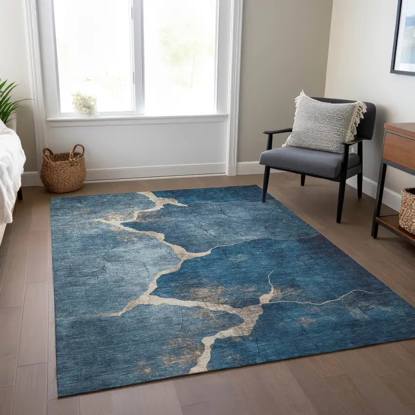 Navy Blue And Beige Abstract Washable Indoor Outdoor Area Rug Photo 7