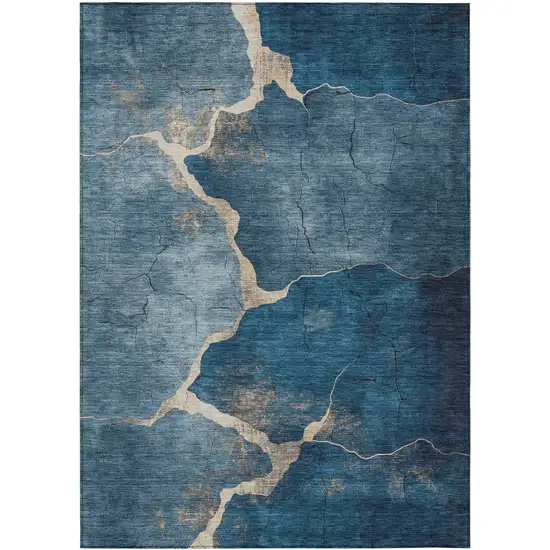 Navy Blue And Beige Abstract Washable Indoor Outdoor Area Rug Photo 1