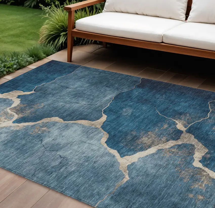 Navy Blue And Beige Abstract Washable Indoor Outdoor Area Rug Photo 2