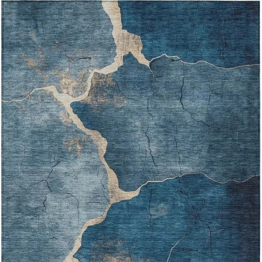 Navy Blue And Beige Abstract Washable Indoor Outdoor Area Rug Photo 4