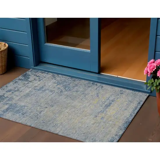 Navy Blue And Beige Abstract Washable Indoor Outdoor Area Rug Photo 2