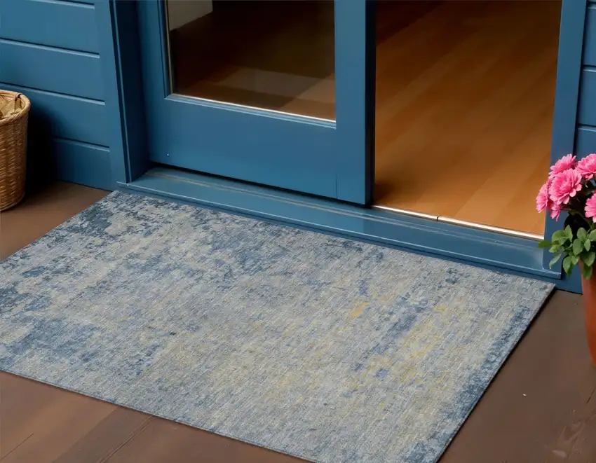 Navy Blue And Beige Abstract Washable Indoor Outdoor Area Rug Photo 2