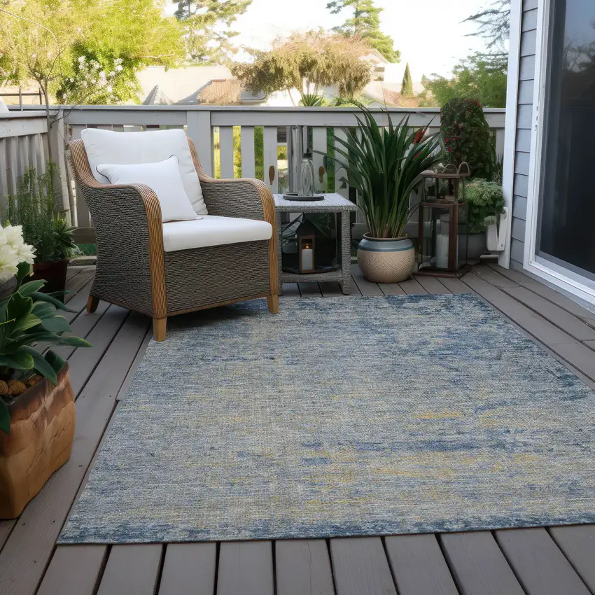 Navy Blue And Beige Abstract Washable Indoor Outdoor Area Rug Photo 4