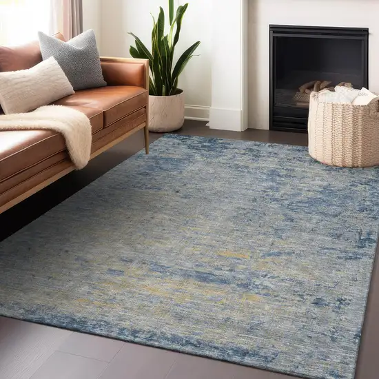 Navy Blue And Beige Abstract Washable Indoor Outdoor Area Rug Photo 5