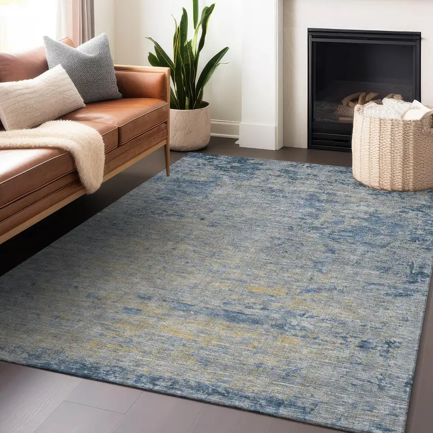 Navy Blue And Beige Abstract Washable Indoor Outdoor Area Rug Photo 5