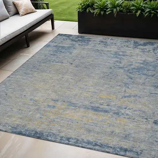 Navy Blue And Beige Abstract Washable Indoor Outdoor Area Rug Photo 2