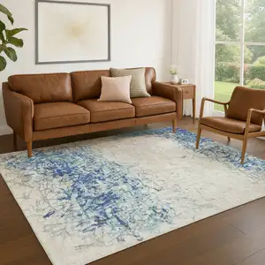 Photo of Navy Blue And Beige Abstract Washable Indoor Outdoor Area Rug