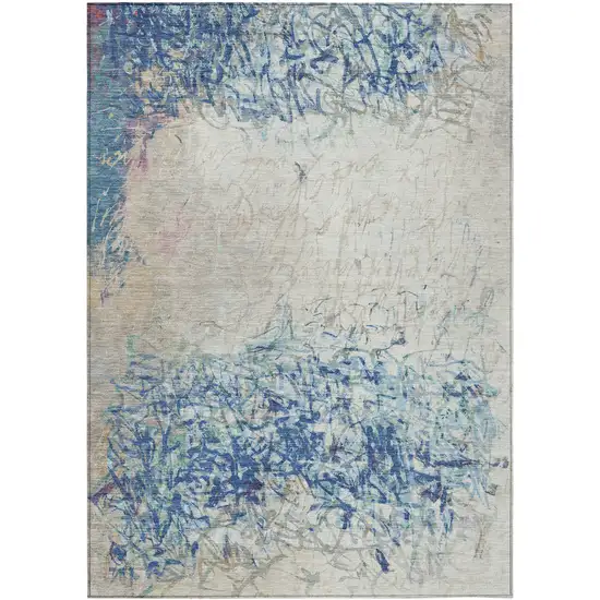 Navy Blue And Beige Abstract Washable Indoor Outdoor Area Rug Photo 1