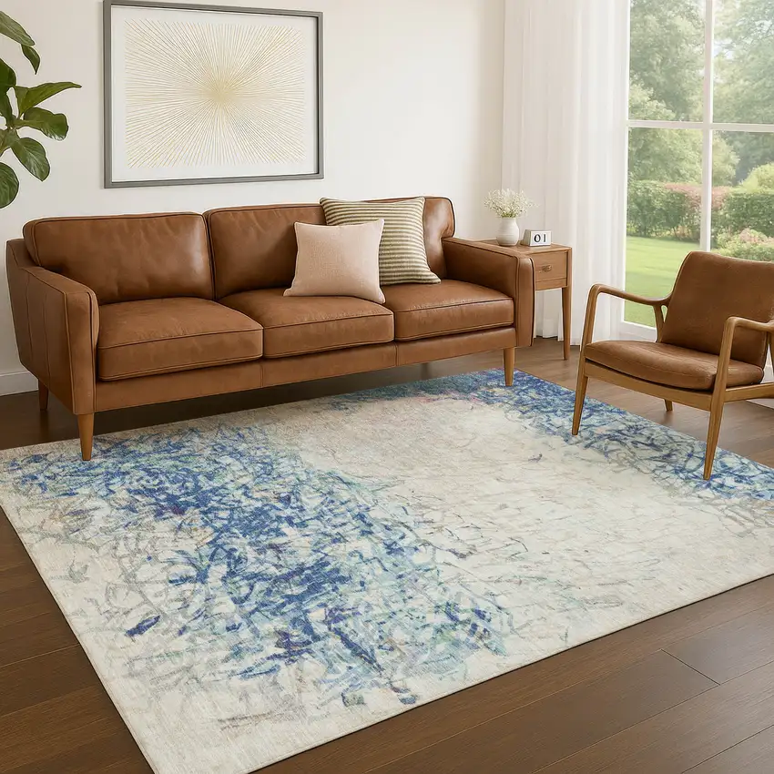 Navy Blue And Beige Abstract Washable Indoor Outdoor Area Rug Photo 5