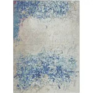 Photo of Navy Blue And Beige Abstract Washable Indoor Outdoor Area Rug