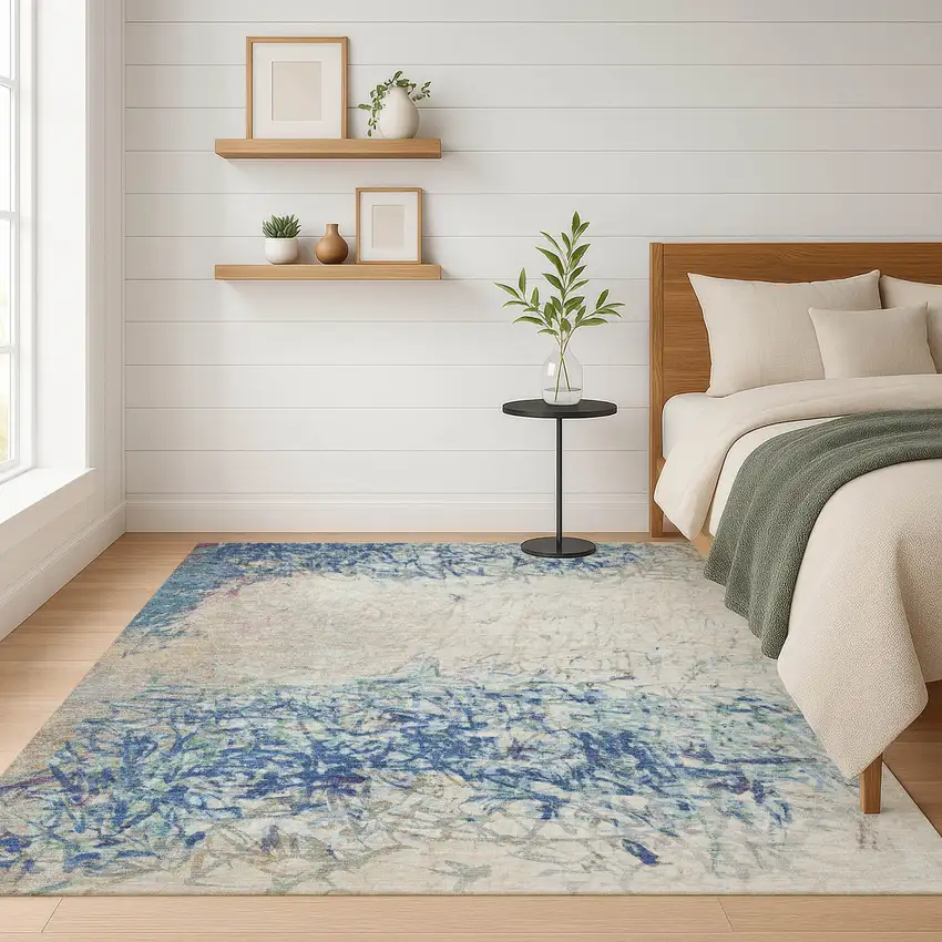 Navy Blue And Beige Abstract Washable Indoor Outdoor Area Rug Photo 6