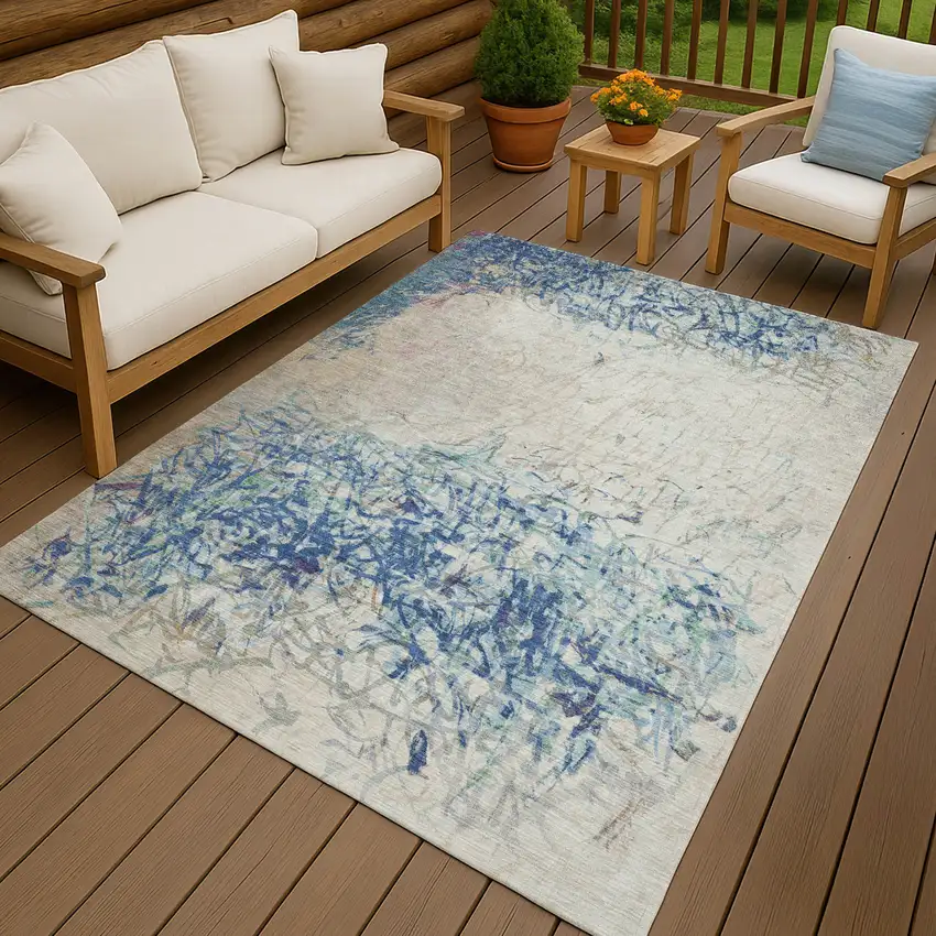 Navy Blue And Beige Abstract Washable Indoor Outdoor Area Rug Photo 4
