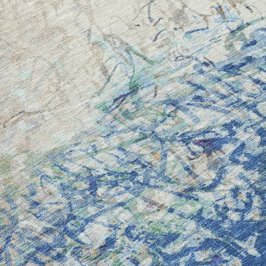 Navy Blue And Beige Abstract Washable Indoor Outdoor Area Rug Photo 9