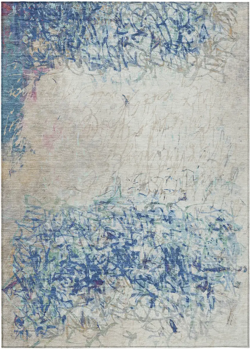 Navy Blue And Beige Abstract Washable Indoor Outdoor Area Rug Photo 1