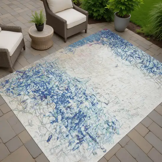 Navy Blue And Beige Abstract Washable Indoor Outdoor Area Rug Photo 7