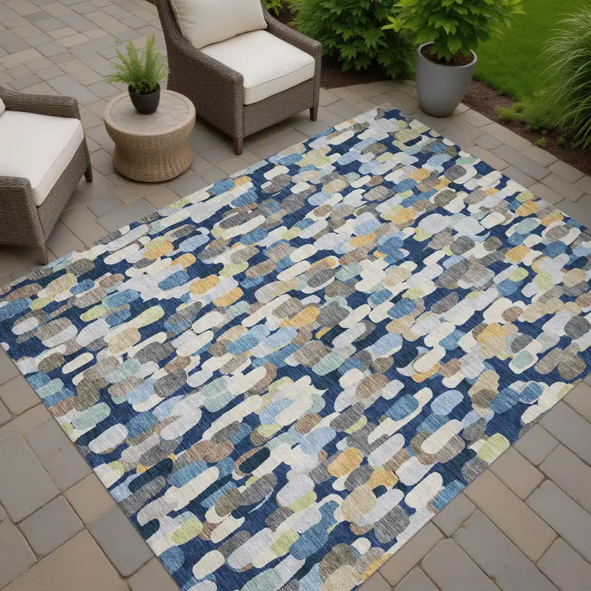 Navy Blue And Beige Abstract Washable Indoor Outdoor Area Rug Photo 7