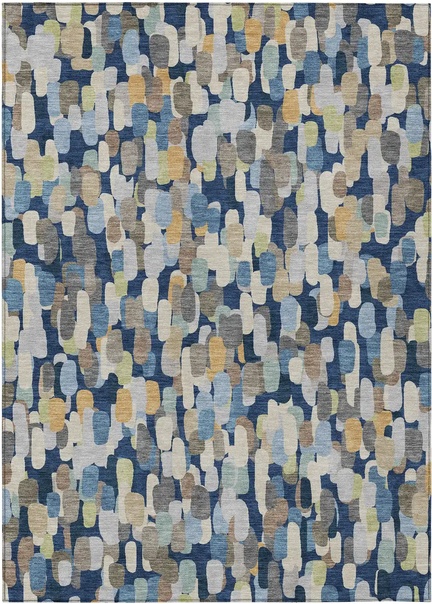Navy Blue And Beige Abstract Washable Indoor Outdoor Area Rug Photo 1