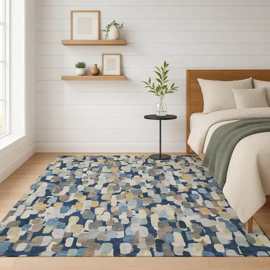 Navy Blue And Beige Abstract Washable Indoor Outdoor Area Rug Photo 6