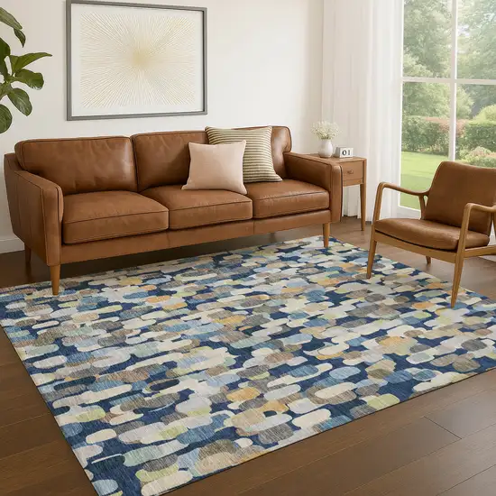 Navy Blue And Beige Abstract Washable Indoor Outdoor Area Rug Photo 5