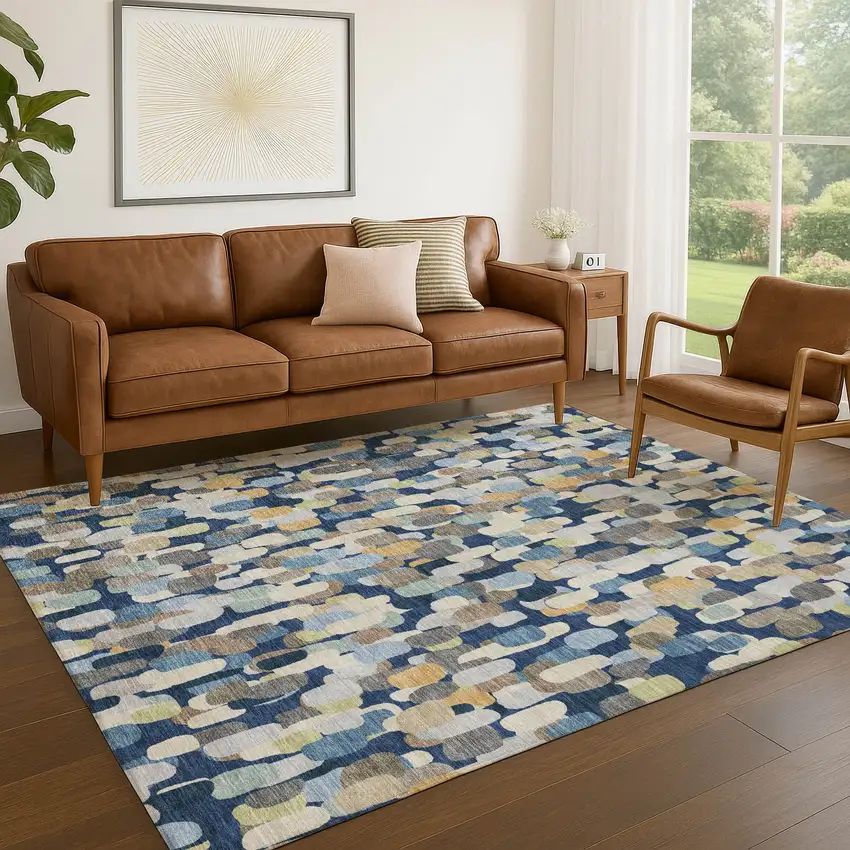 Navy Blue And Beige Abstract Washable Indoor Outdoor Area Rug Photo 5
