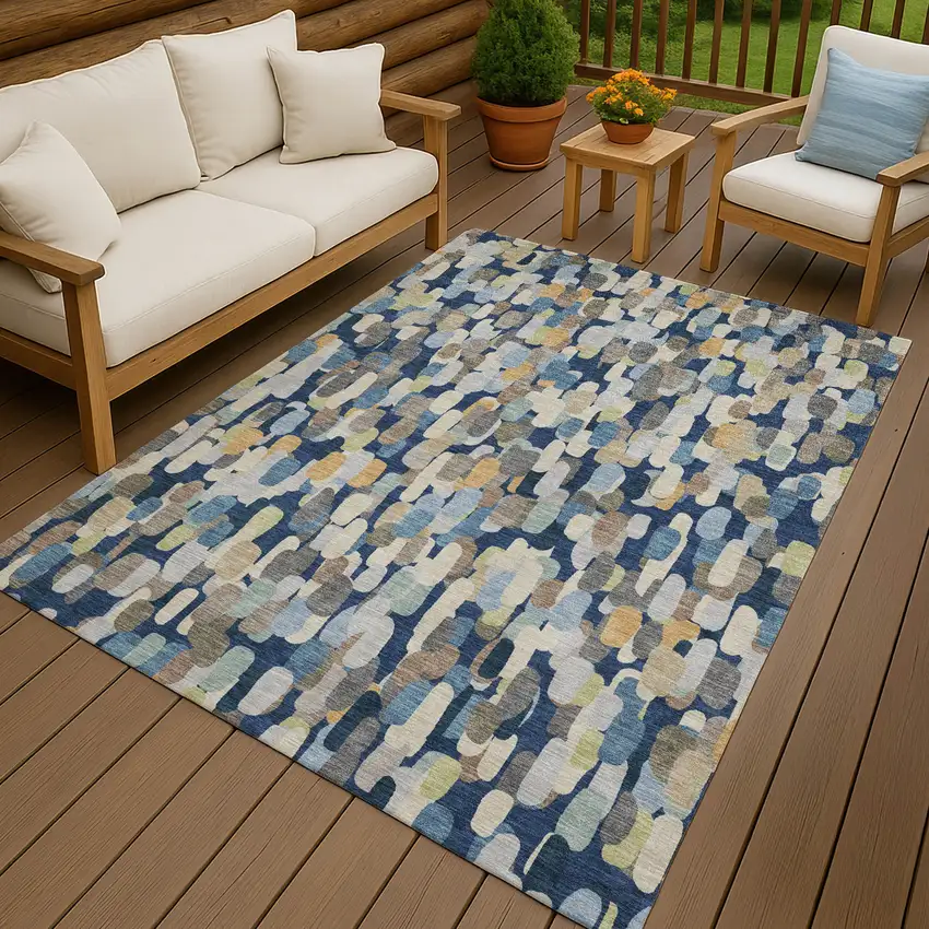 Navy Blue And Beige Abstract Washable Indoor Outdoor Area Rug Photo 4