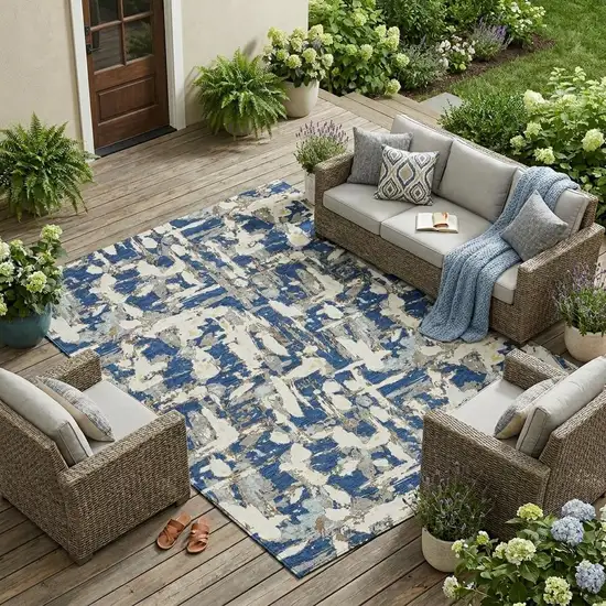 Navy Blue And Beige Abstract Washable Indoor Outdoor Area Rug Photo 1
