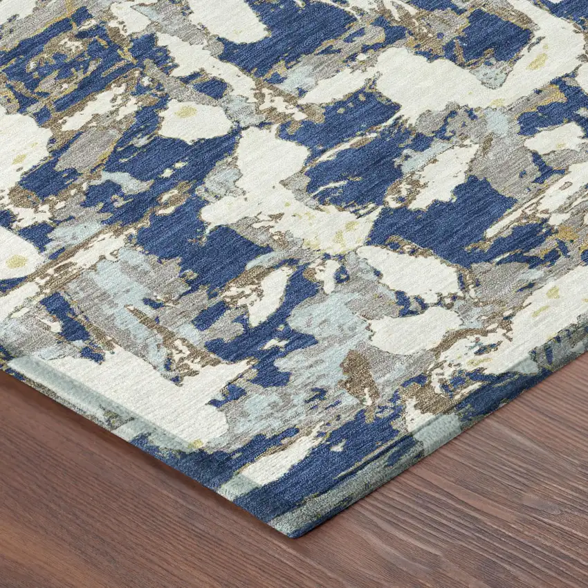 Navy Blue And Beige Abstract Washable Indoor Outdoor Area Rug Photo 7