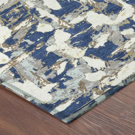 Navy Blue And Beige Abstract Washable Indoor Outdoor Area Rug Photo 7