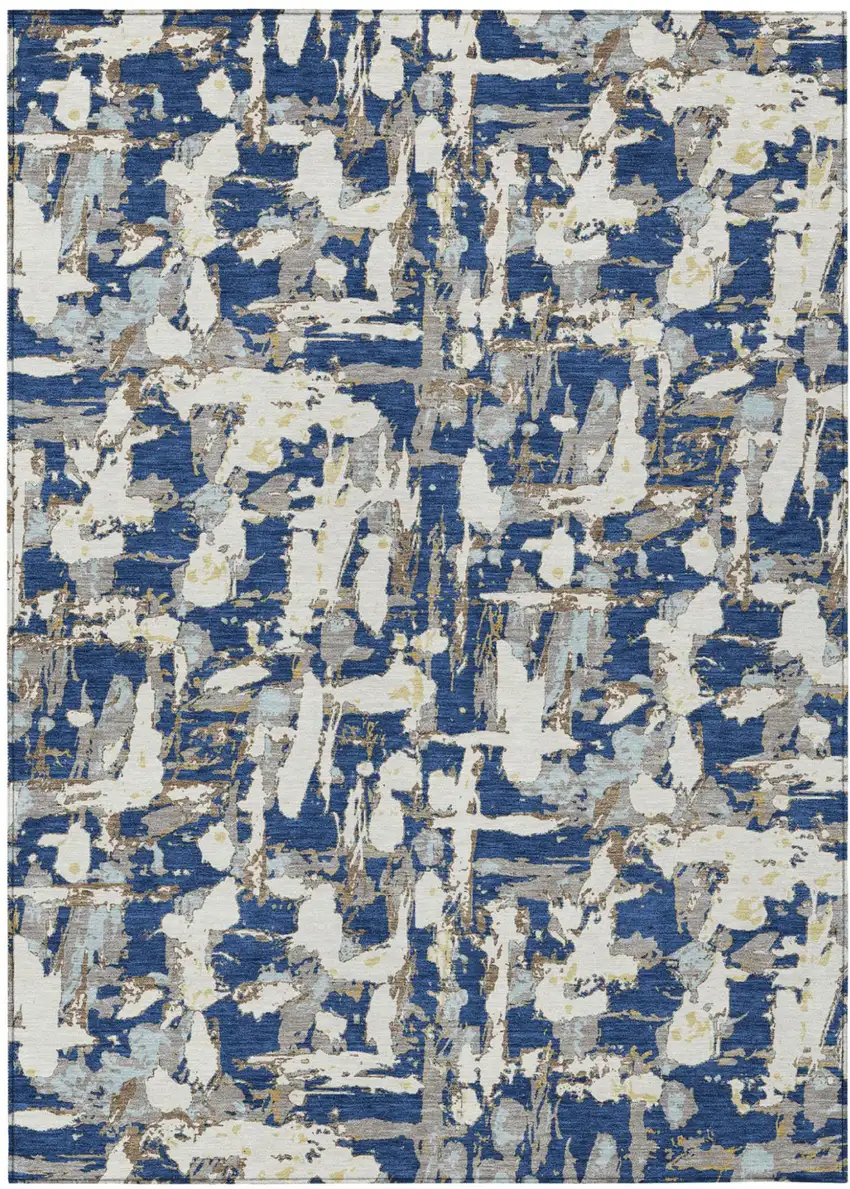 Navy Blue And Beige Abstract Washable Indoor Outdoor Area Rug Photo 2