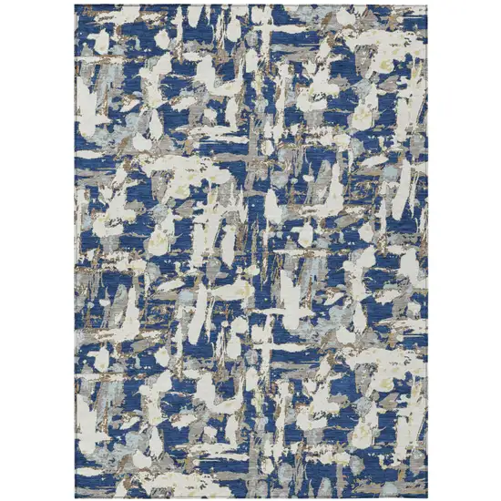 Navy Blue And Beige Abstract Washable Indoor Outdoor Area Rug Photo 2