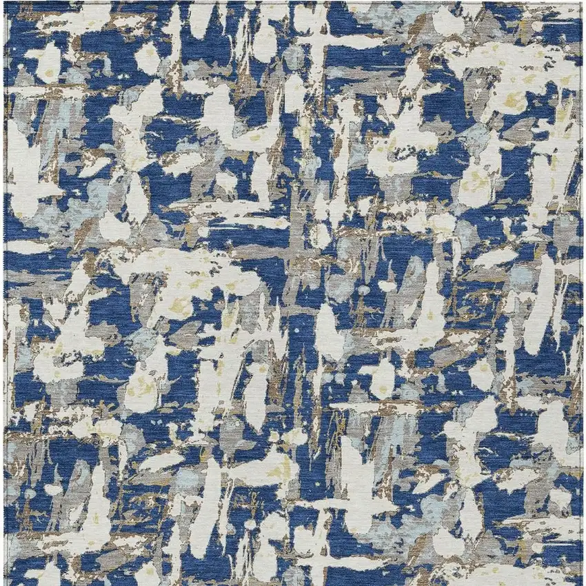 Navy Blue And Beige Abstract Washable Indoor Outdoor Area Rug Photo 6