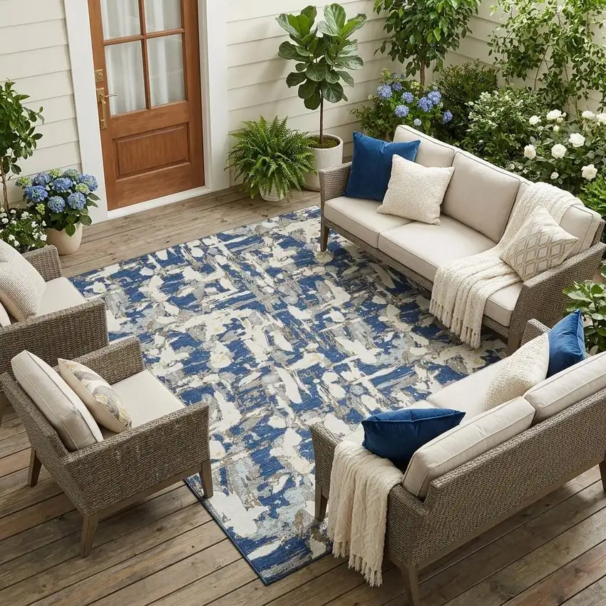 Navy Blue And Beige Abstract Washable Indoor Outdoor Area Rug Photo 1