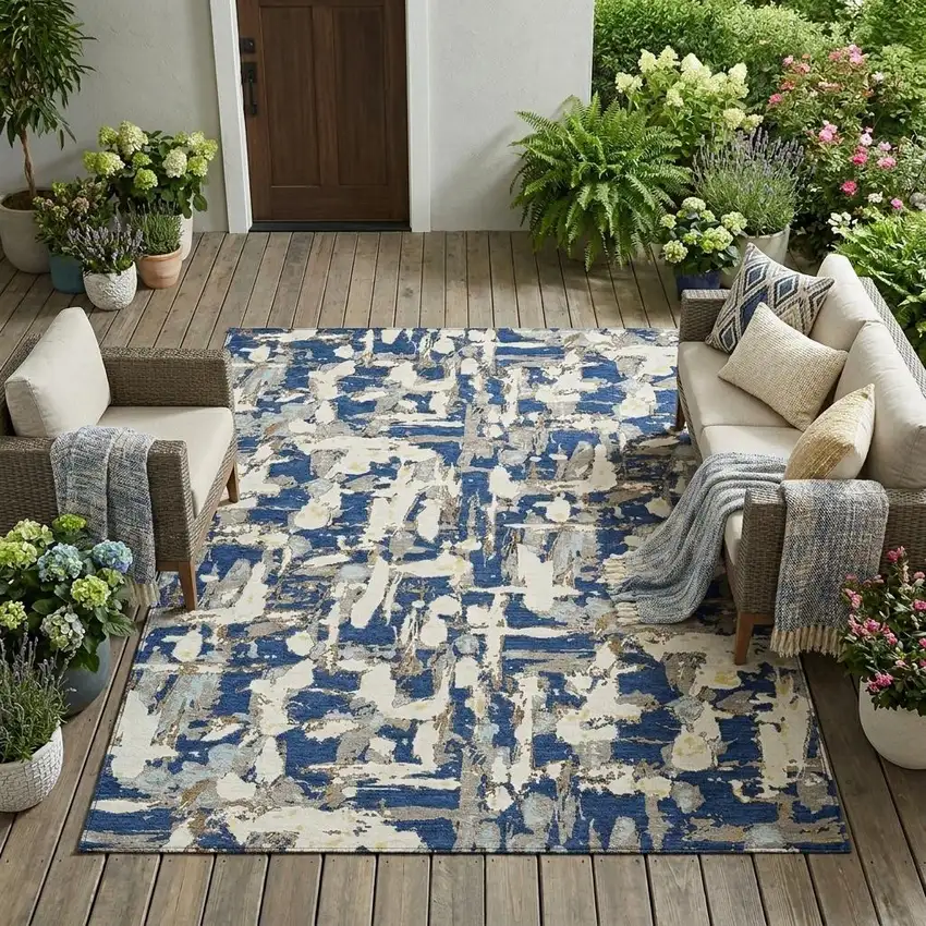 Navy Blue And Beige Abstract Washable Indoor Outdoor Area Rug Photo 1