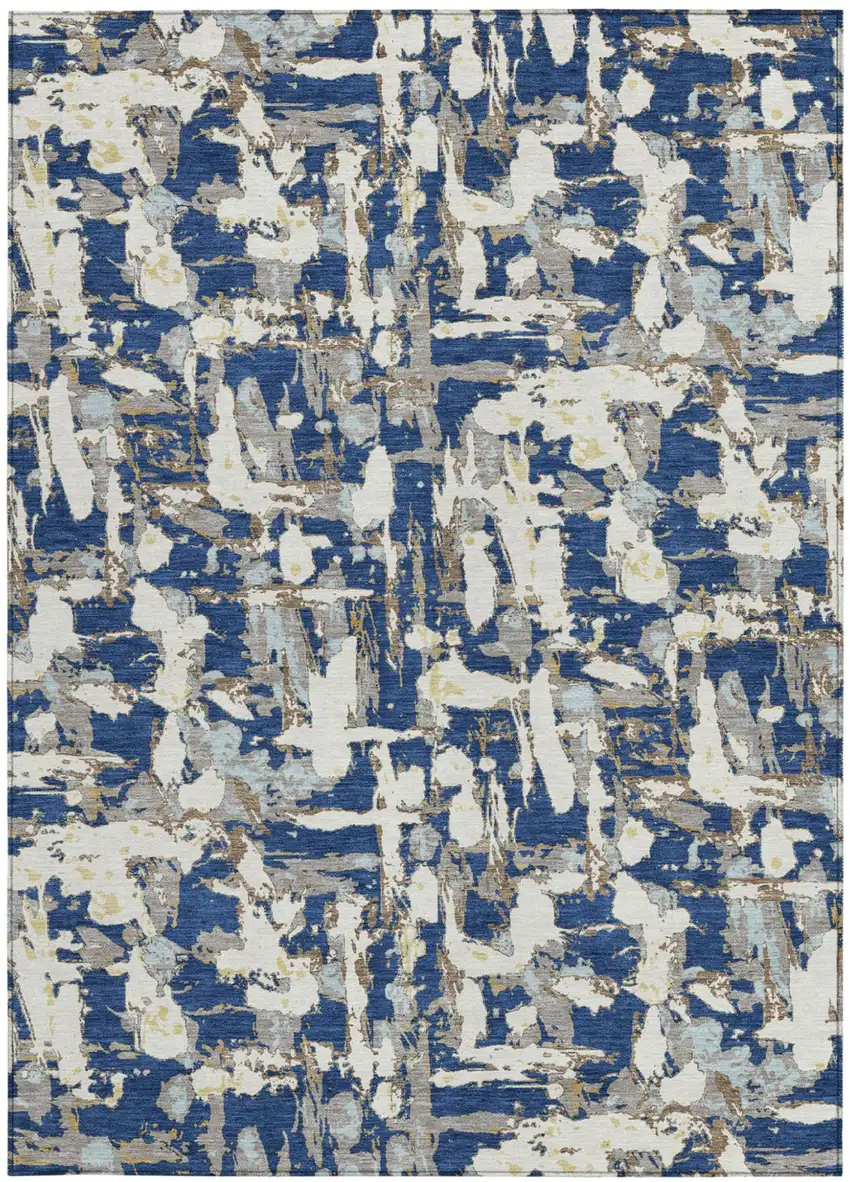 Navy Blue And Beige Abstract Washable Indoor Outdoor Area Rug Photo 3