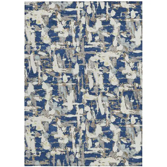 Navy Blue And Beige Abstract Washable Indoor Outdoor Area Rug Photo 3