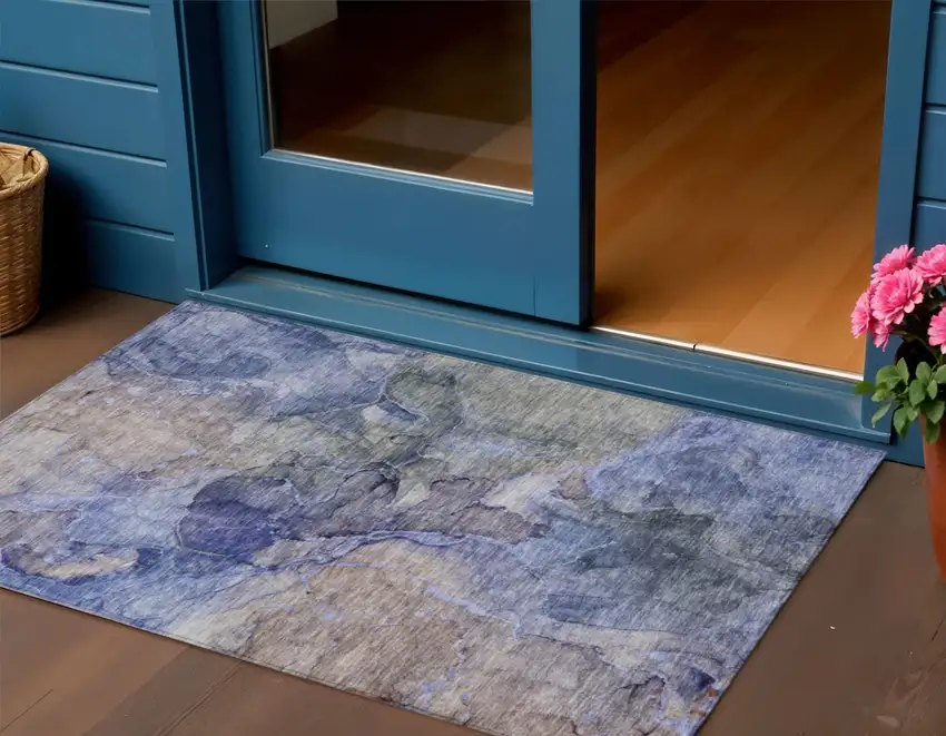 Navy Blue And Beige Abstract Washable Indoor Outdoor Area Rug Photo 1