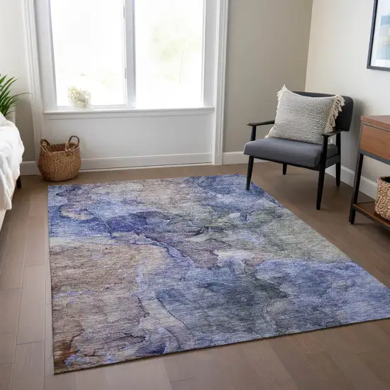 Navy Blue And Beige Abstract Washable Indoor Outdoor Area Rug Photo 8