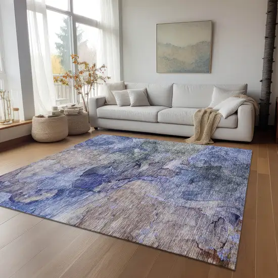 Navy Blue And Beige Abstract Washable Indoor Outdoor Area Rug Photo 9