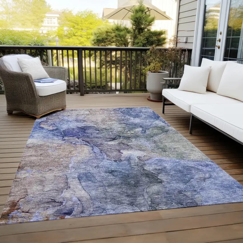 Navy Blue And Beige Abstract Washable Indoor Outdoor Area Rug Photo 9