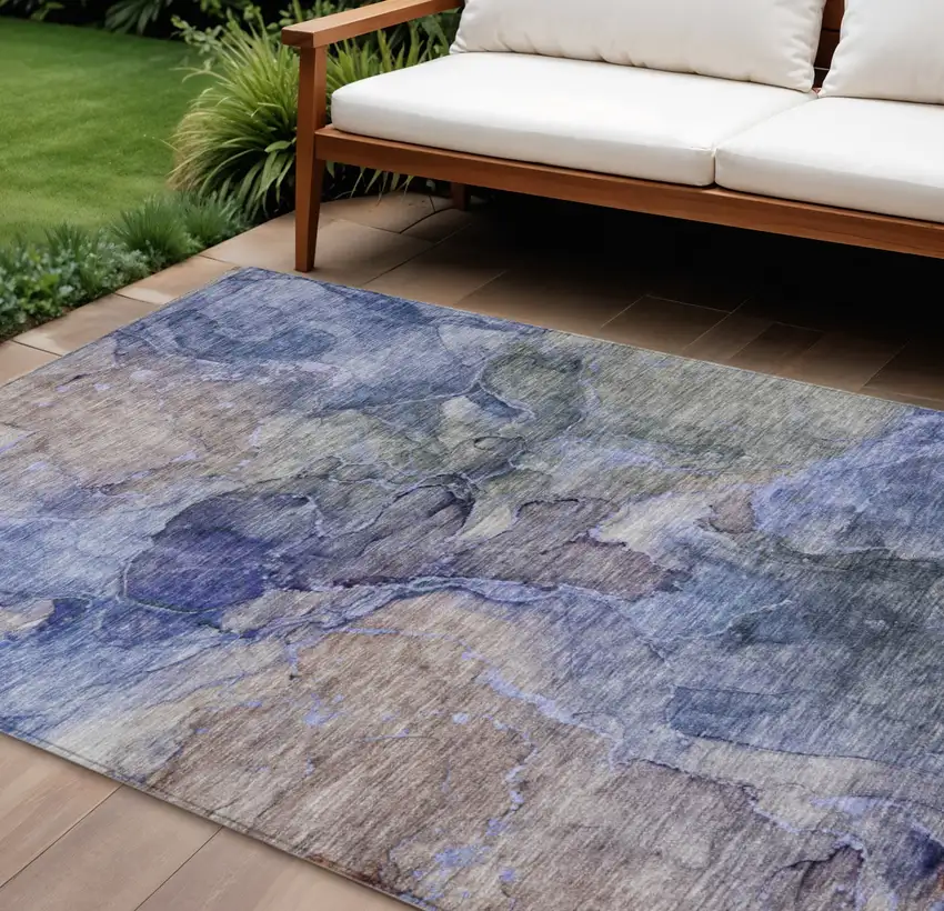 Navy Blue And Beige Abstract Washable Indoor Outdoor Area Rug Photo 1