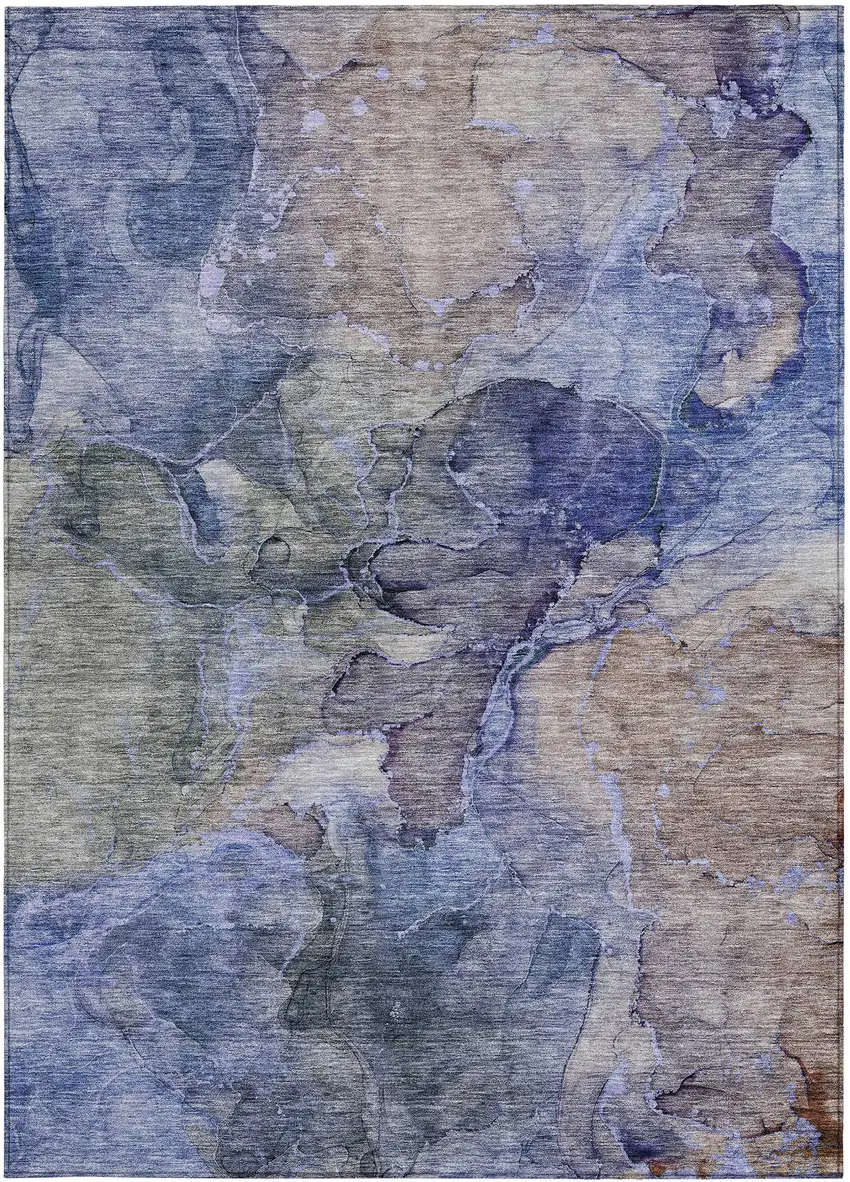 Navy Blue And Beige Abstract Washable Indoor Outdoor Area Rug Photo 7