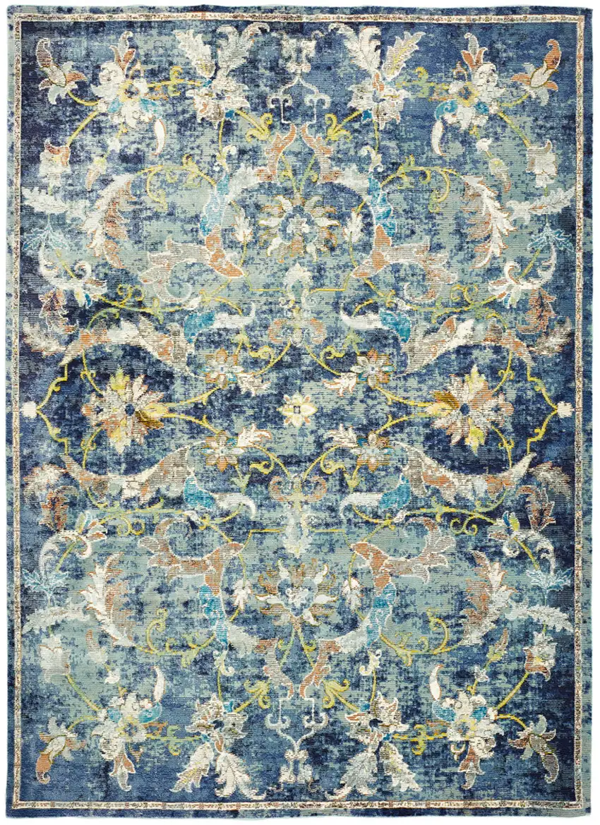 Navy Blue And Beige Floral Distressed Area Rug Photo 2